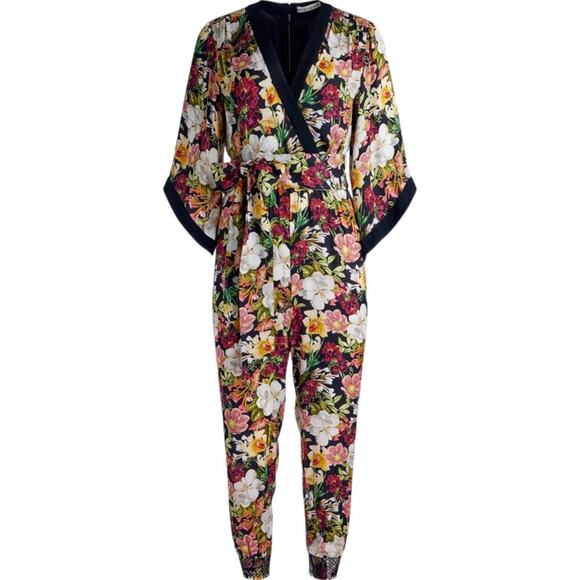 ALICE + OLIVIA Walda Black Floral-Print Satin Jumpsuit w/ Tags, US0 SRP: $700 - Picture 1 of 9